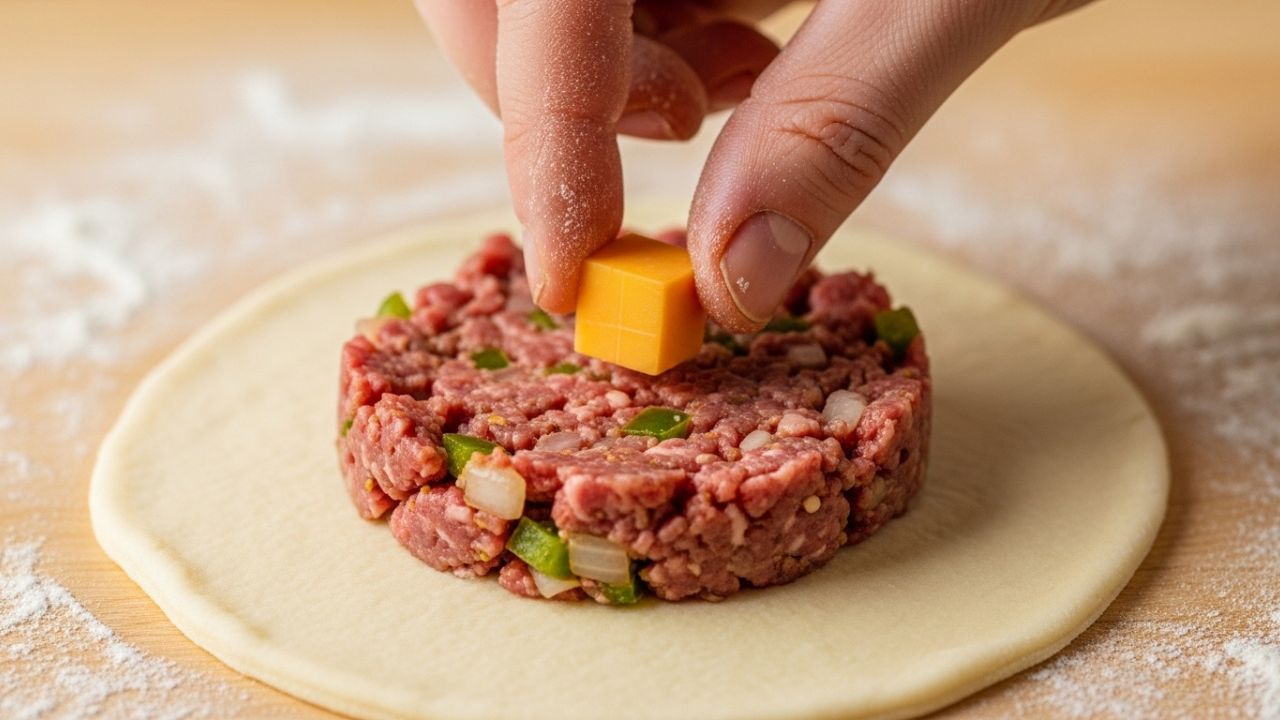 Assembling cheeseburger bombs with seasoned ground beef and a cube of cheddar cheese.