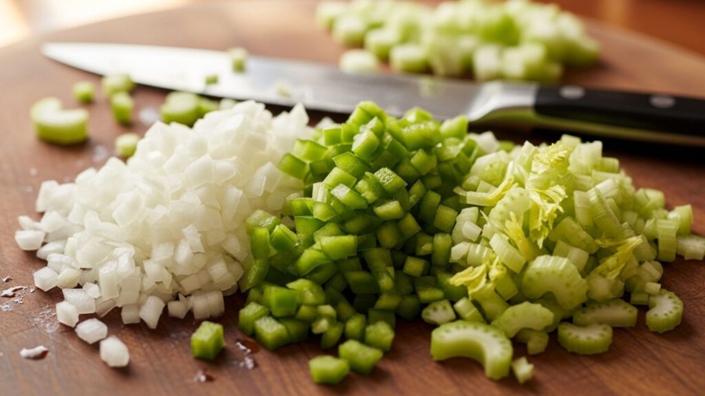 Chopped onion, celery, and bell pepper—the holy trinity of Southern cooking.