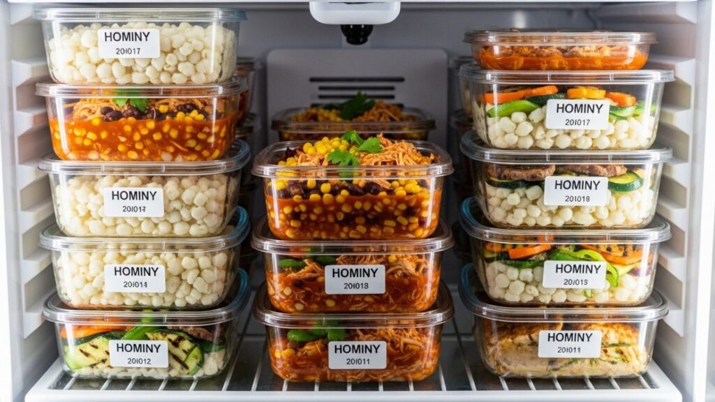 Cooked hominy being placed into freezer bags for long-term storage.