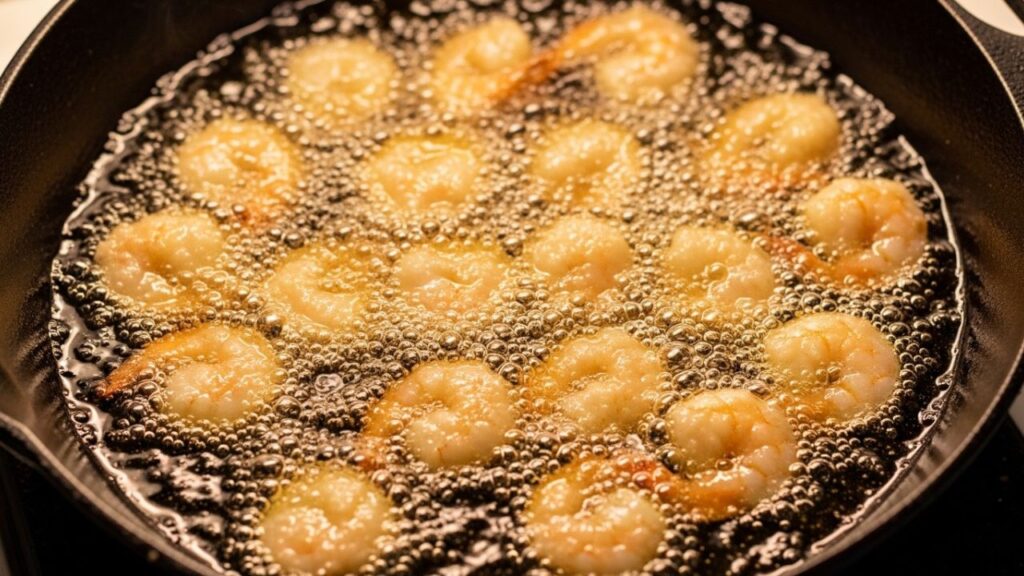Deep frying seasoned shrimp to a golden brown for a traditional Southern sandwich.