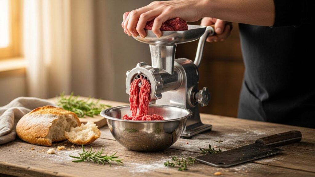 Electric meat grinder processing seasoned pork shoulder