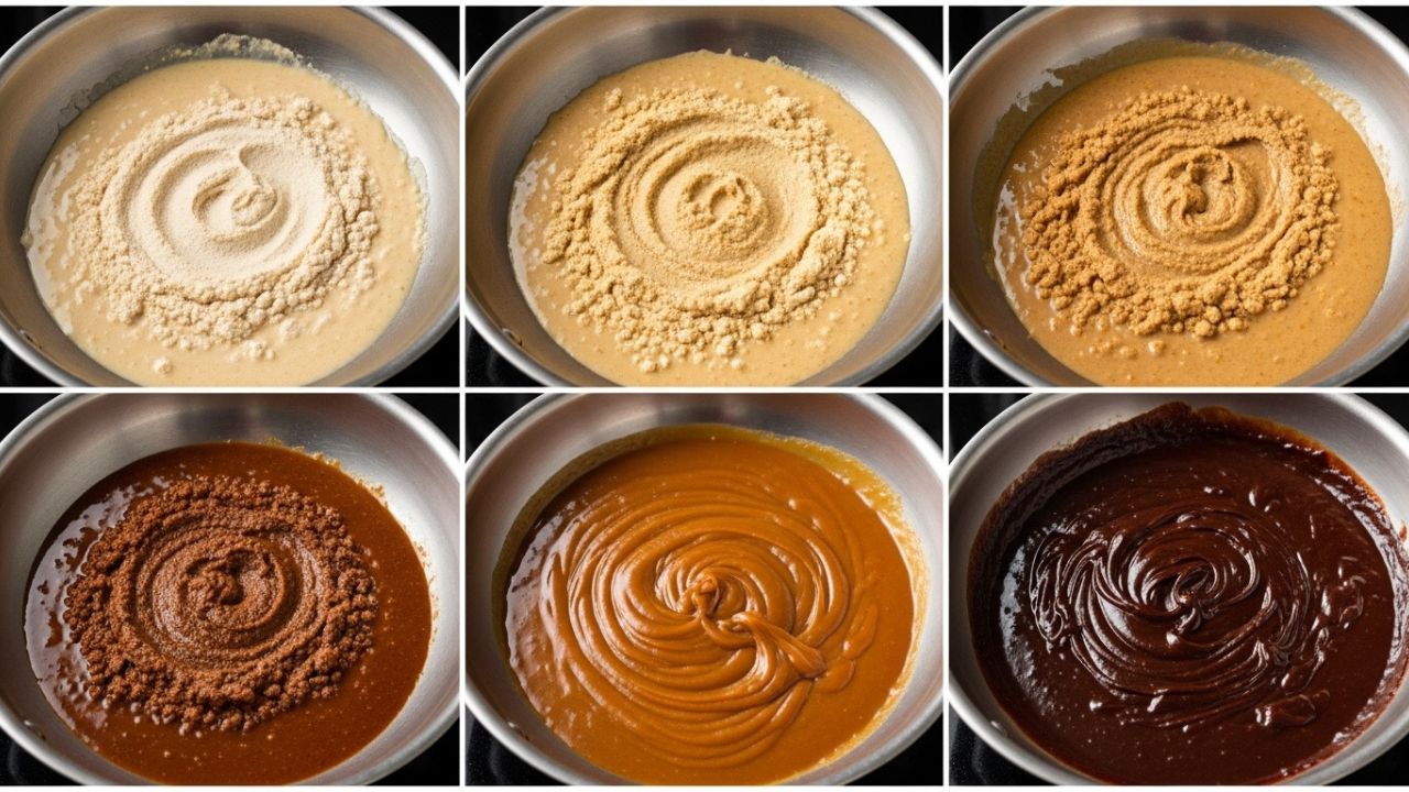 _Four stages of cooking a gumbo roux from peanut butter to dark chocolate color.