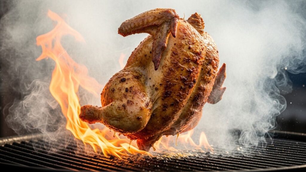 Grilling a spatchcocked chicken over an open flame.