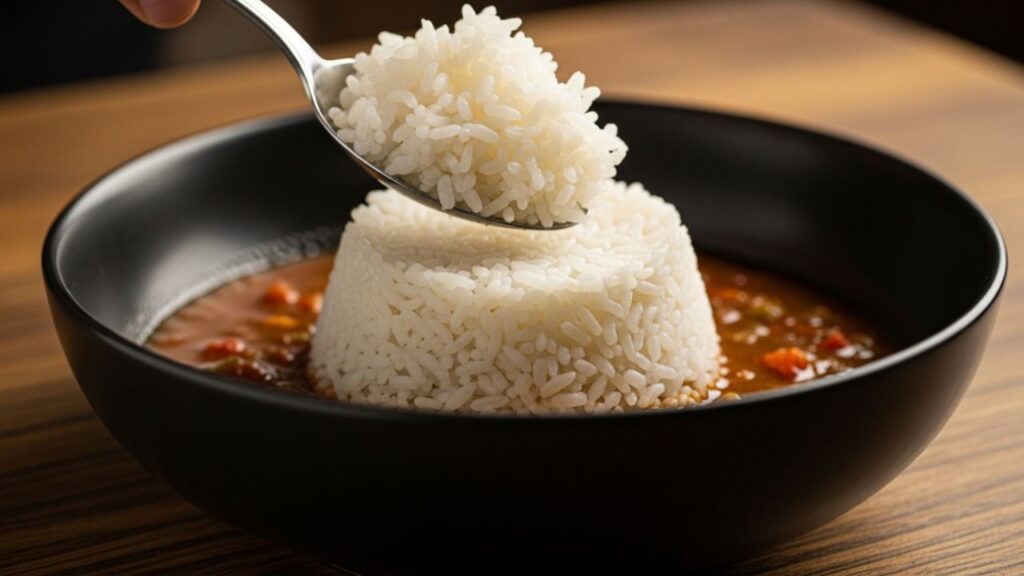 How to plate gumbo by placing a mound of white rice in the center of the dish.