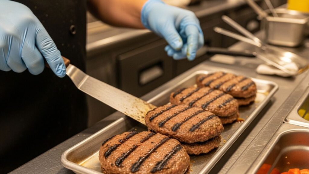 Prepared sausage patties on parchment paper for storage