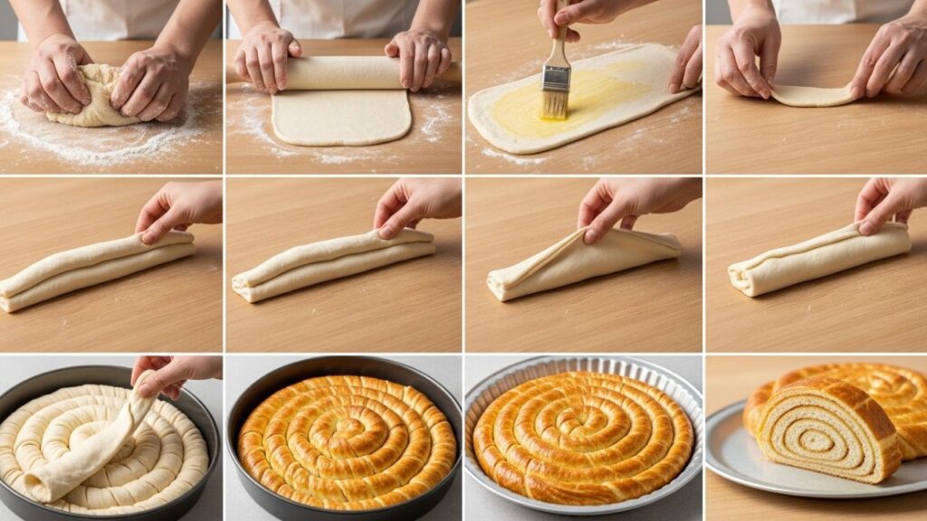 Process shots of rolling ensaimada dough into a thin sheet and coiling it into a snail shape.