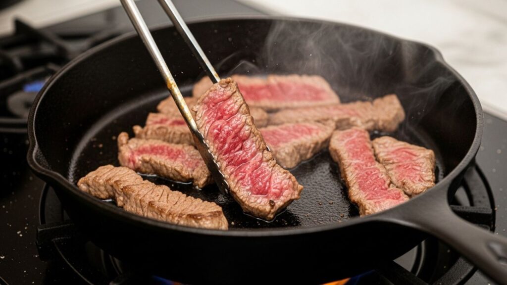 _Searing beef strips over high heat in a cast iron pan to create a caramelized crust.