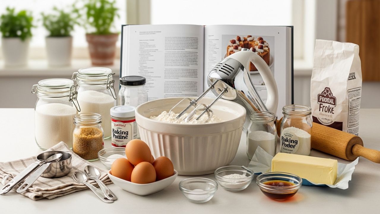 Sifting flour into a bowl with eggs and butter on a kitchen counter.