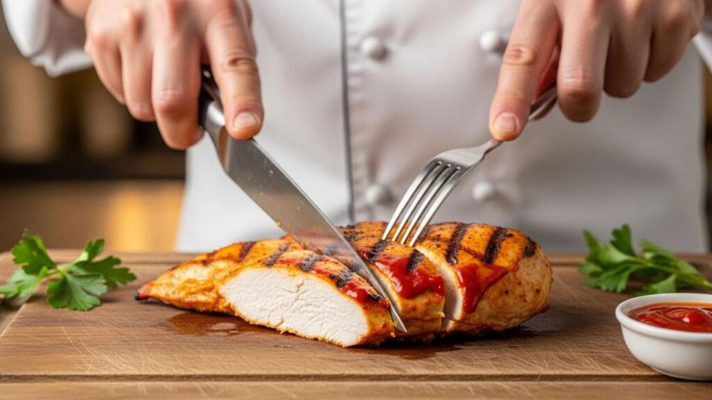 Slicing juicy grilled peri peri chicken on a cutting board.