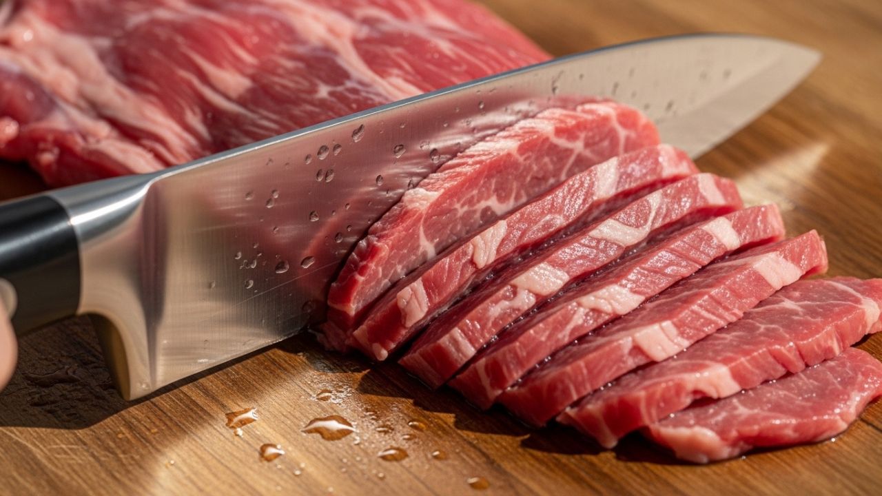 Slicing raw beef steak against the grain for tender Ixtapa beef strips.