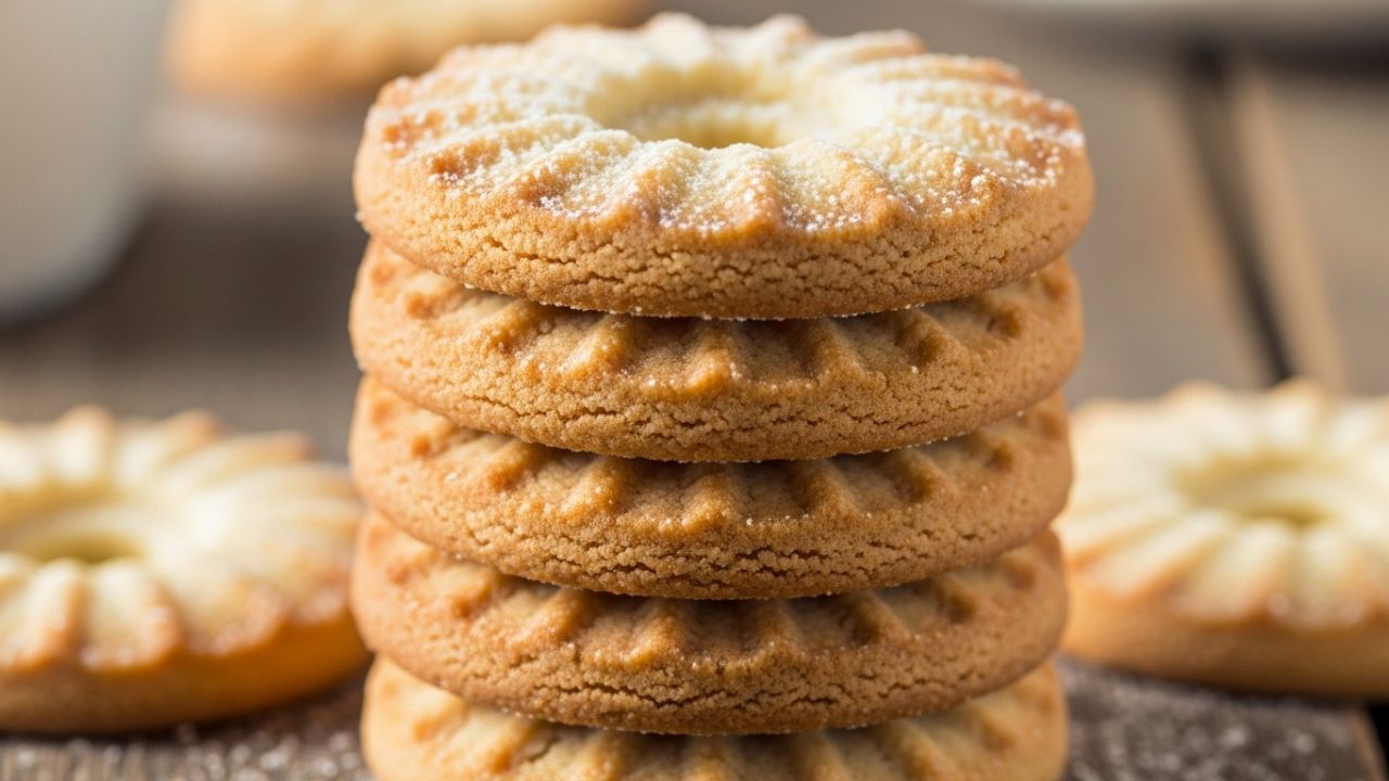 Stack of golden classic butter cookies on plate