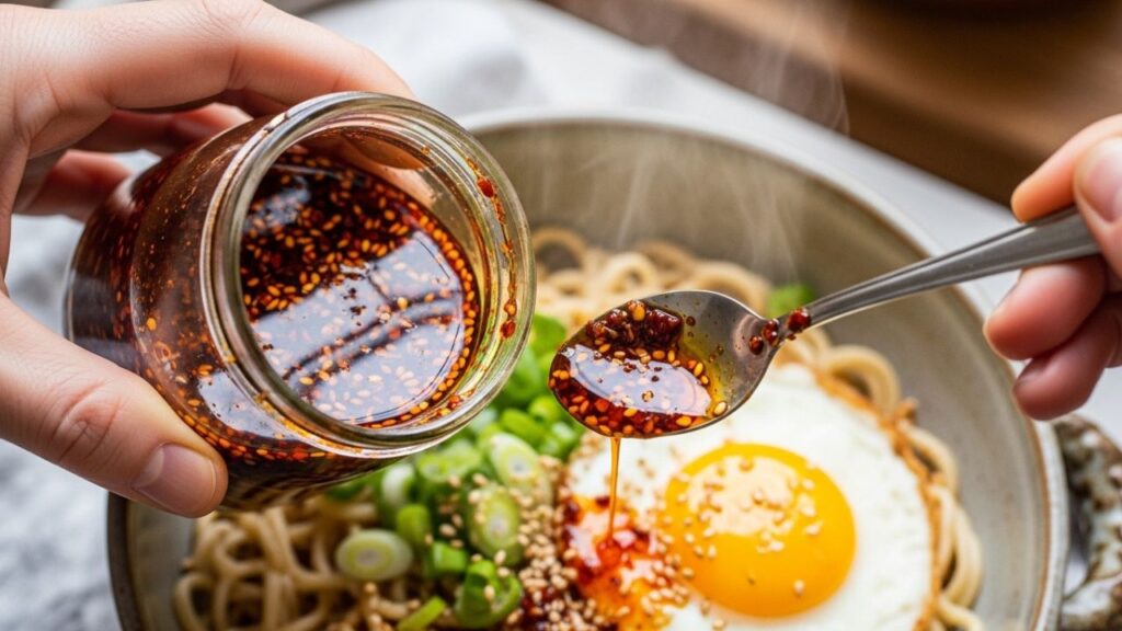 Using a homemade chili oil to add heat and flavor to a finished meal. (1)