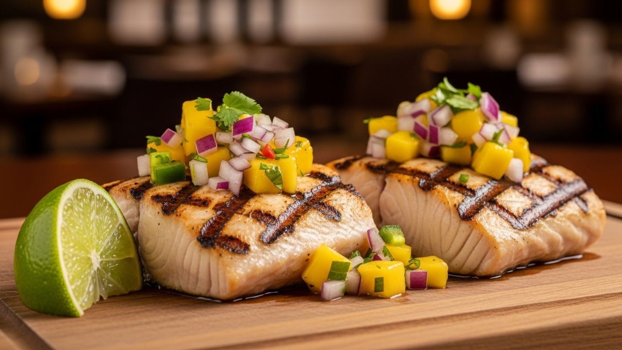 A delicious Grilled Mahi Mahi Recipe served with fresh mango salsa.