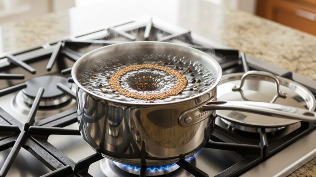 Boiling vinegar brine with spices for quick homemade pickles.