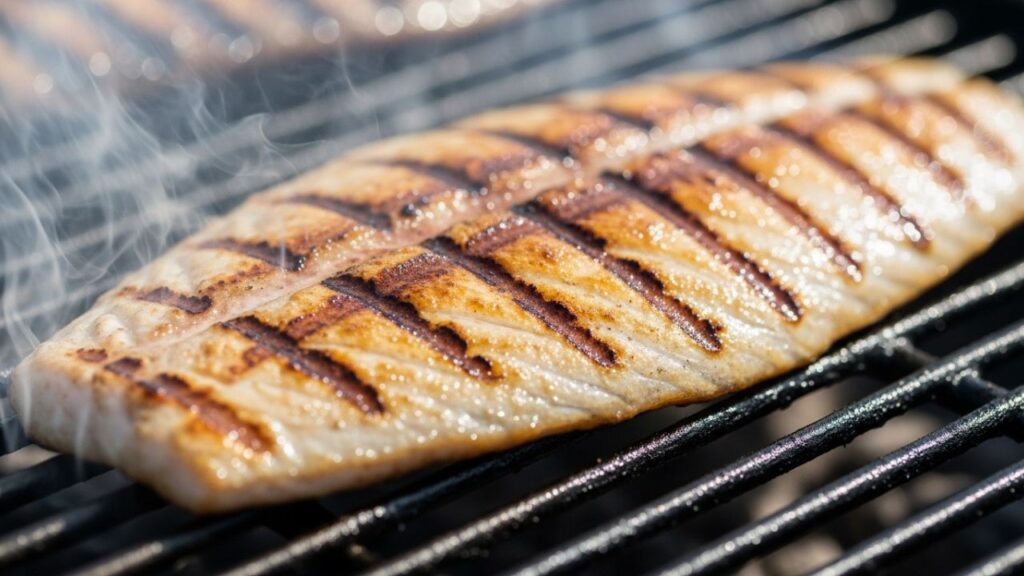 Grilling fresh Mahi Mahi fillets on a clean barbecue grate.