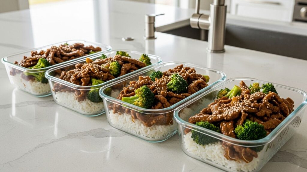 Healthy meal prep containers with easy Asian beef and broccoli.