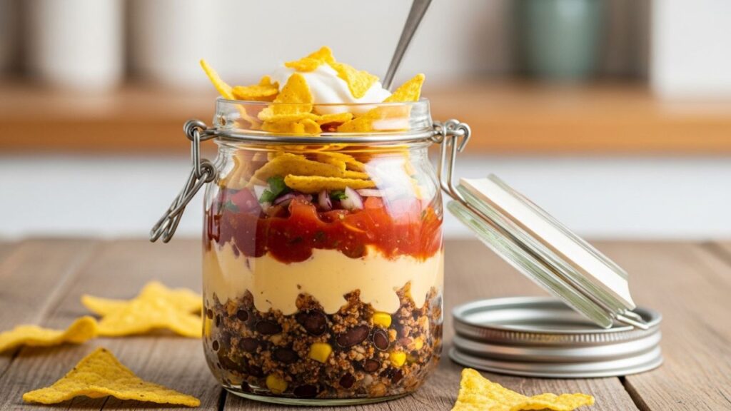 Homemade mixture chips being poured into a clear glass jar for storage.