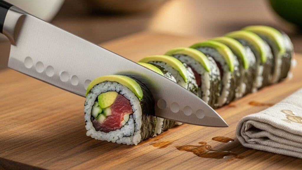Slicing a homemade sushi roll into perfect bite-sized pieces.