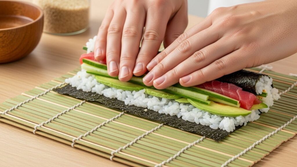 A person using a plastic-wrapped bamboo mat to shape a sushi roll.
