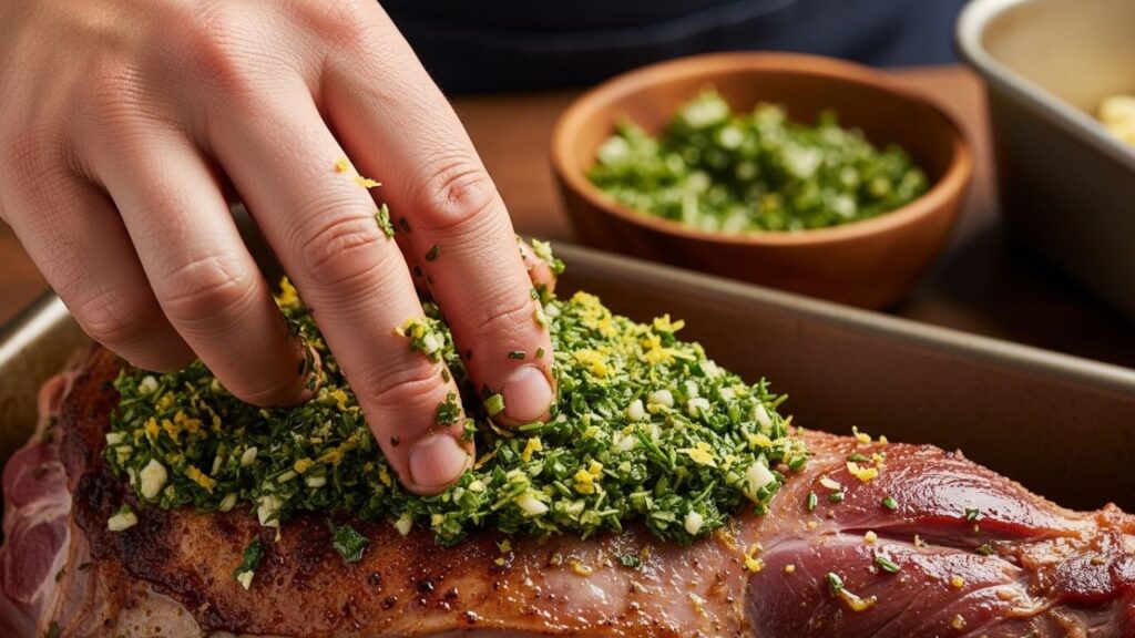 Applying a rosemary and garlic oil rub to a lamb roast.