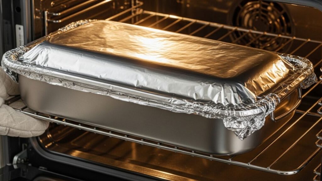 _Covering a roasting pan with foil to steam-thaw a frozen lamb roast.