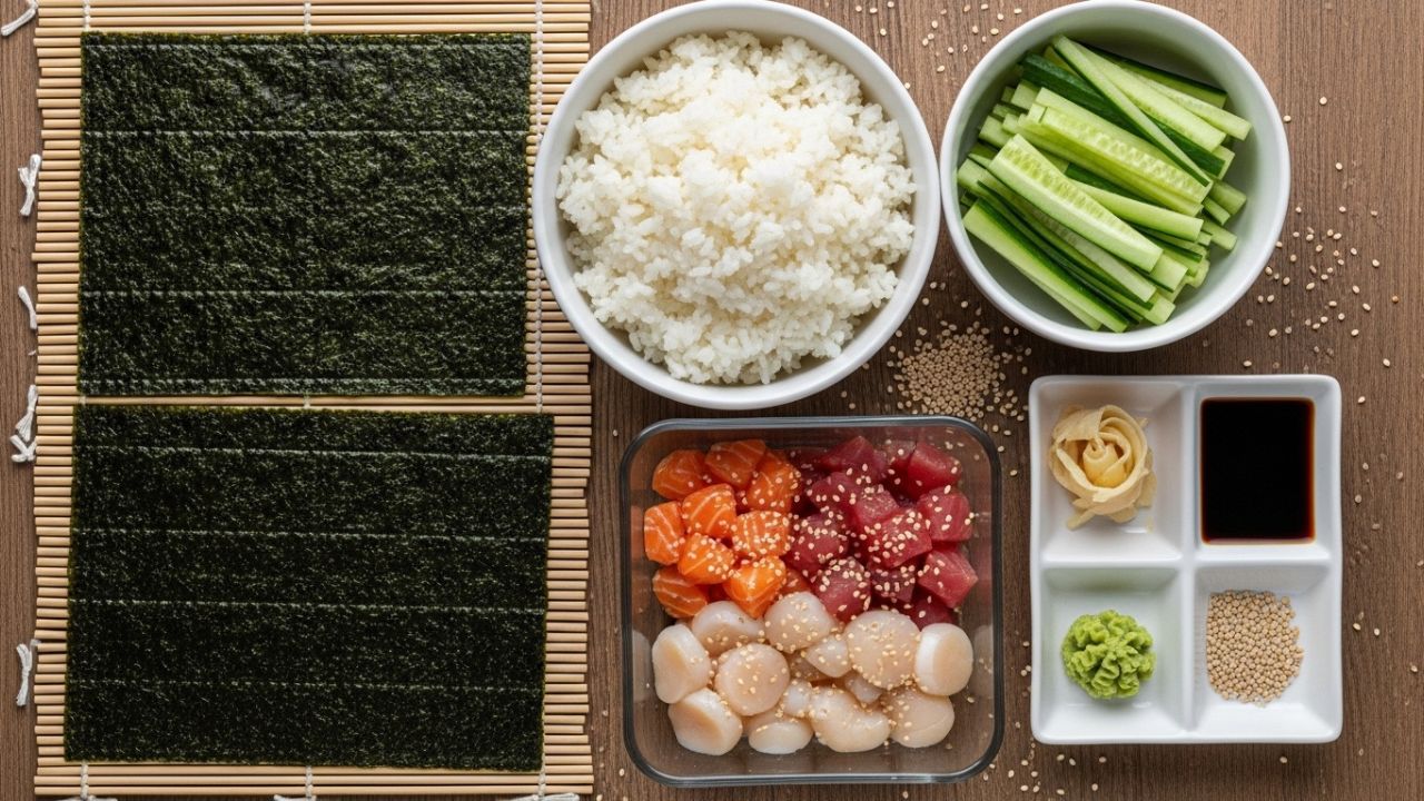 Ingredients for a homemade yum yum roll arranged on a kitchen counter.