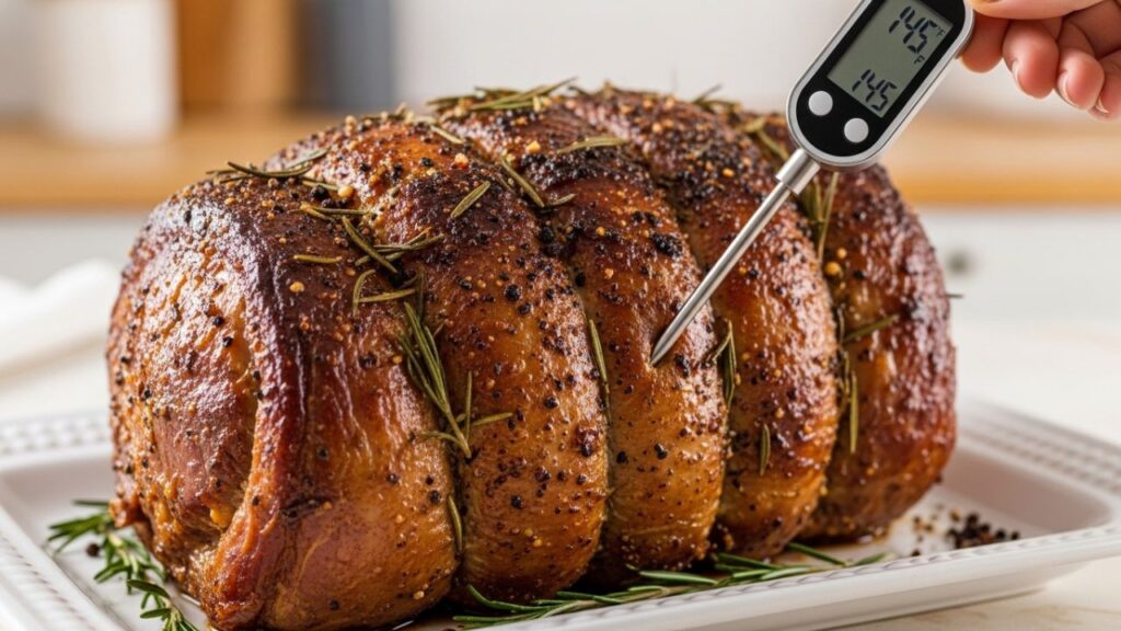 _Using a meat thermometer to check the internal temperature of a leg of lamb.