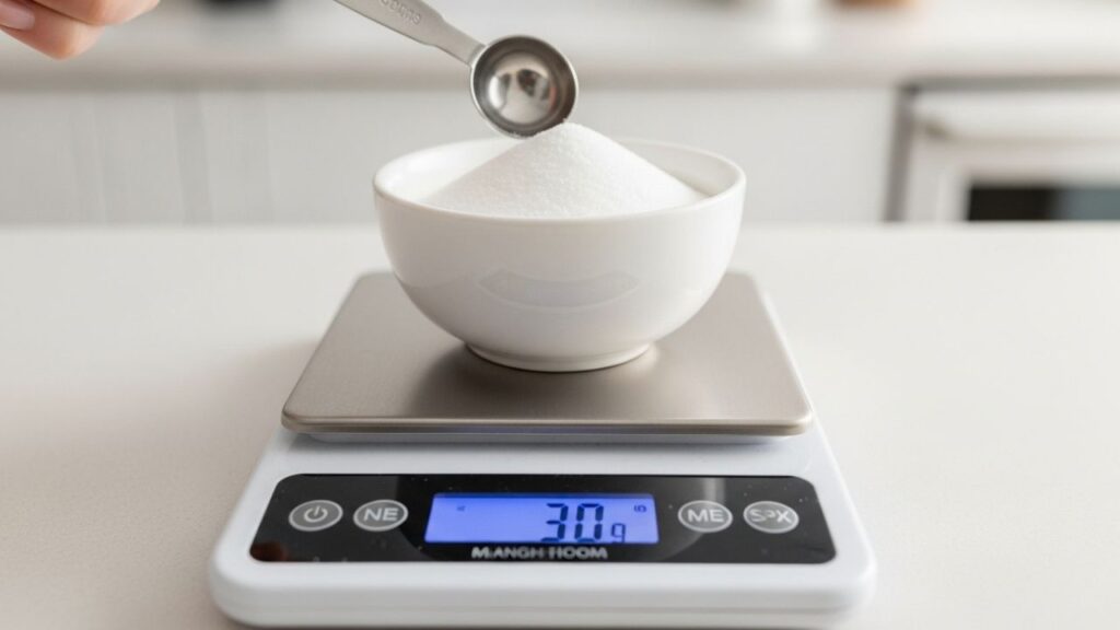A digital kitchen scale measuring a cup of erythritol for a recipe.