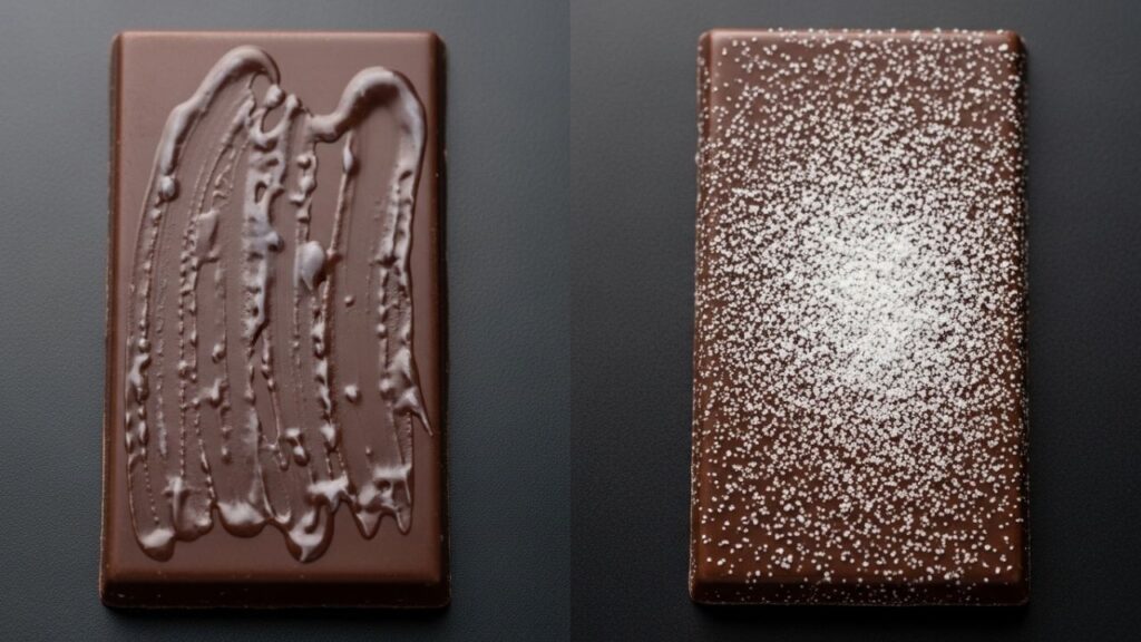 A visual comparison of fat bloom streaks versus sugar bloom crystals on chocolate.