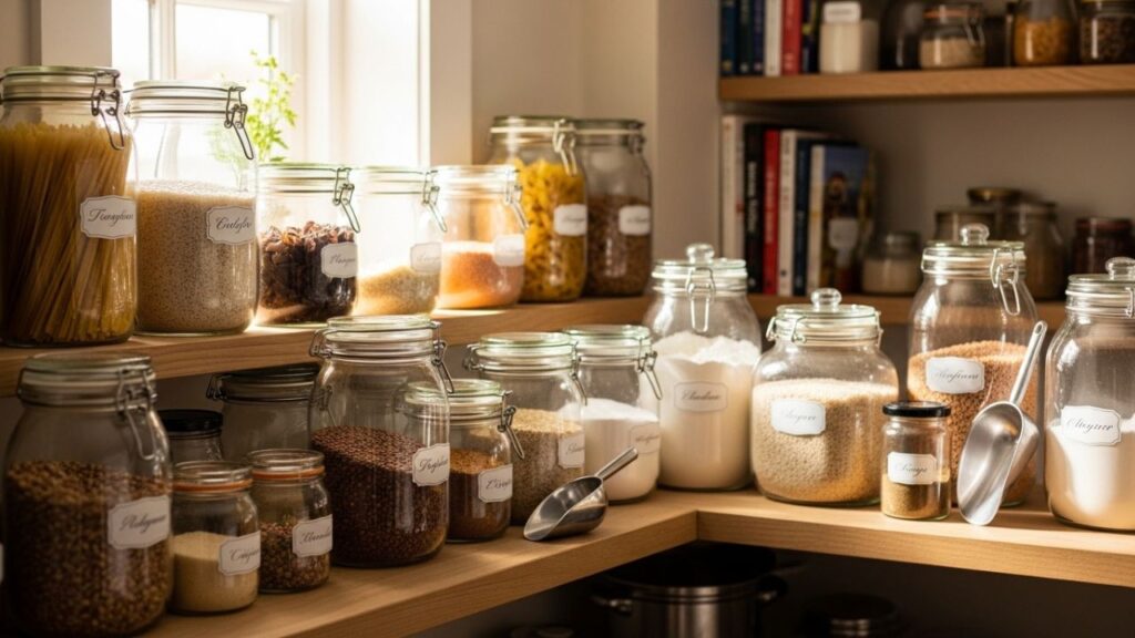 Airtight glass jars used to store chocolate safely in a dark pantry.