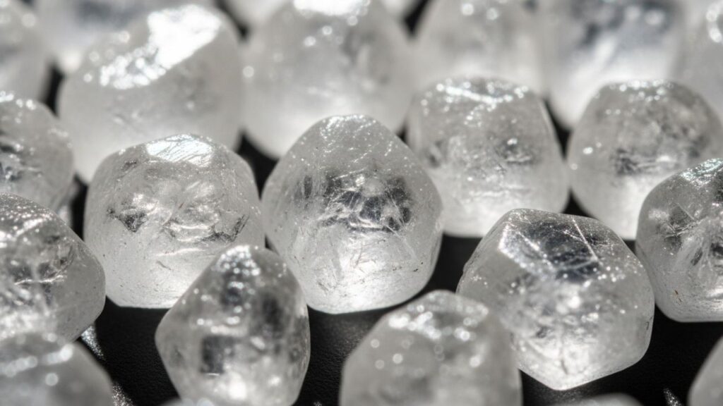 Close up of white erythritol crystals showing the granular texture.