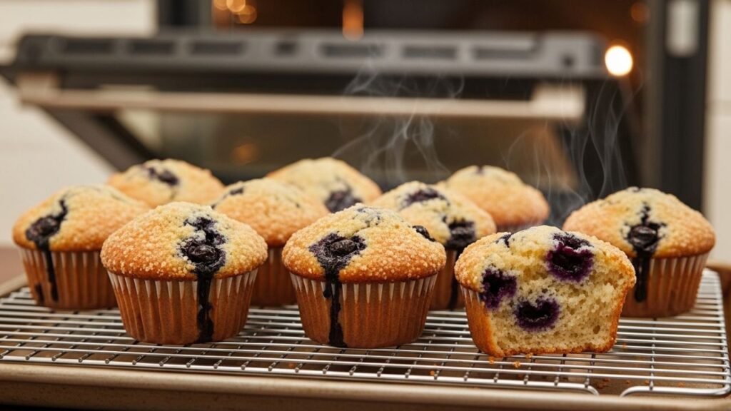 Freshly baked sugar-free muffins made with erythritol being removed from the oven.