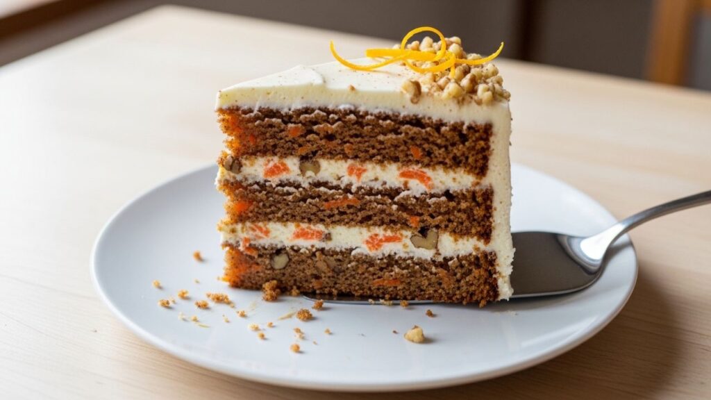 A fresh slice of carrot cake being served on a white plate.