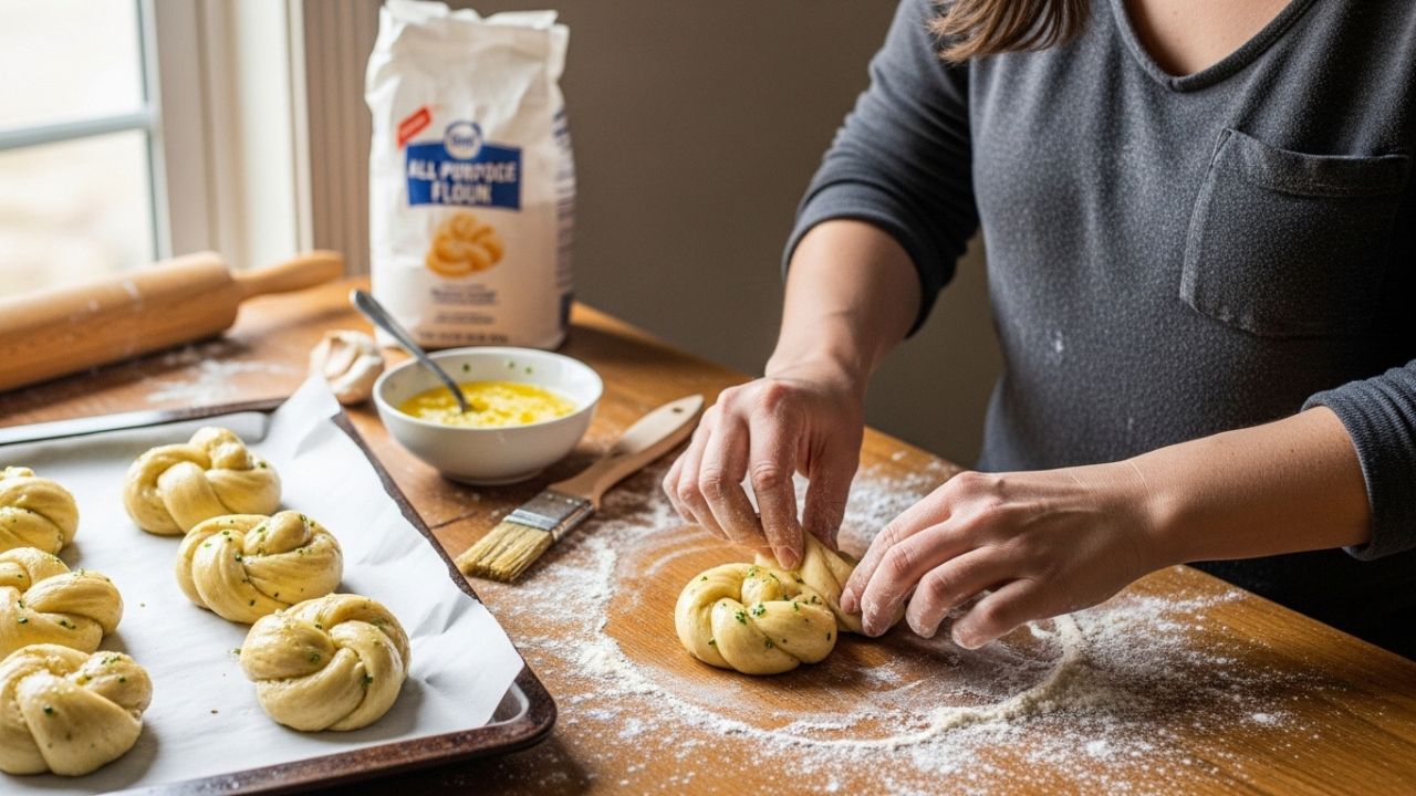 _A home cook shaping fresh pizza dough into decorative garlic knots on a wooden floured table.