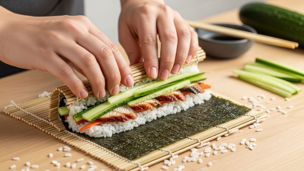 A person using a bamboo mat to shape an eel cucumber roll during the sushi making process.