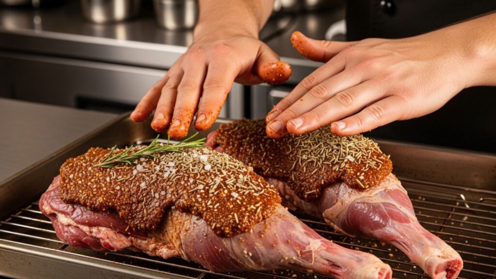 Applying a savory spice rub to goat legs before slow roasting in the oven.