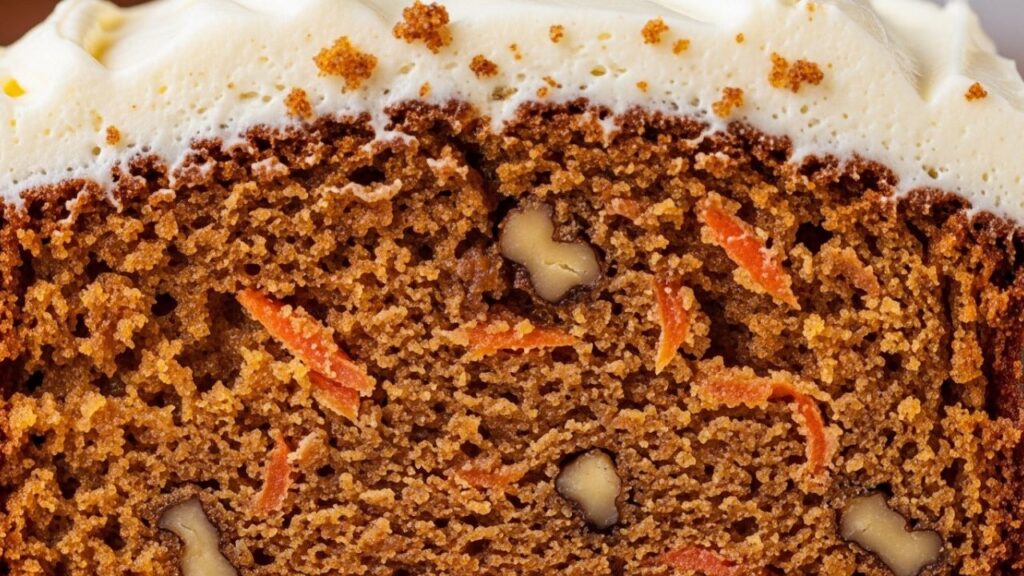 _Close up view of the internal texture of a moist carrot cake slice.
