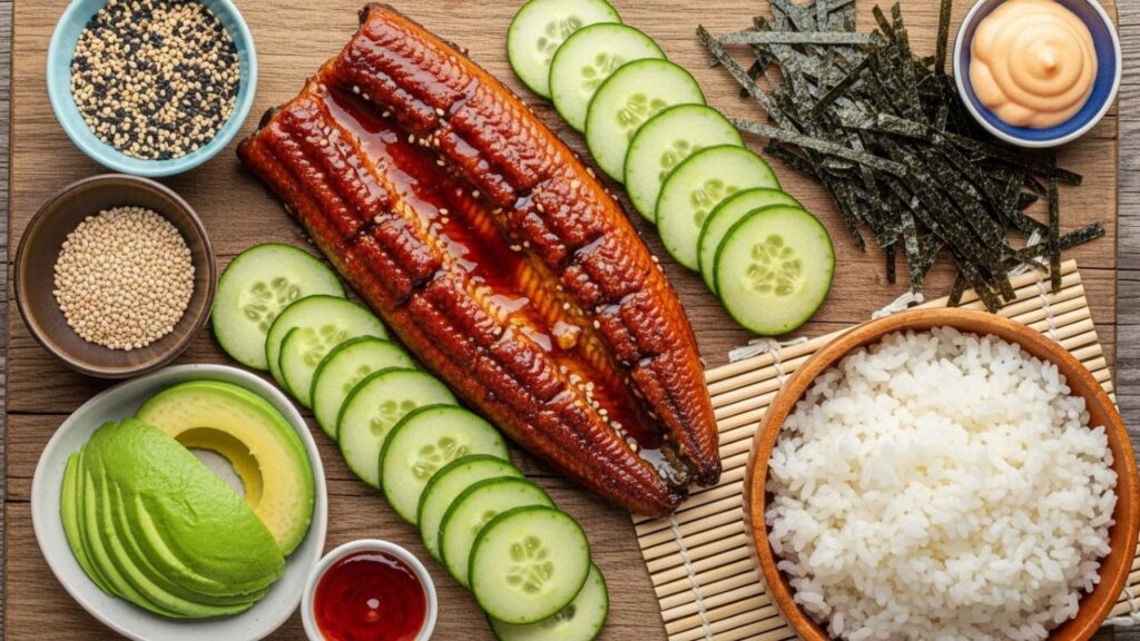 _Fresh ingredients for making an eel cucumber roll including grilled unagi, sliced cucumber, and sushi rice.