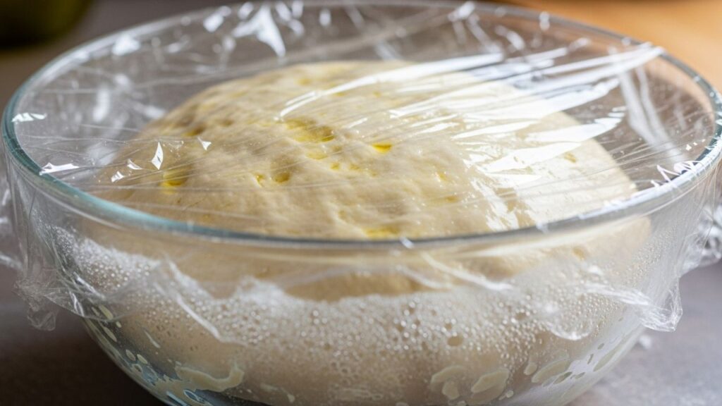 Fresh pizza dough resting in an oiled glass bowl covered with plastic for fermentation.