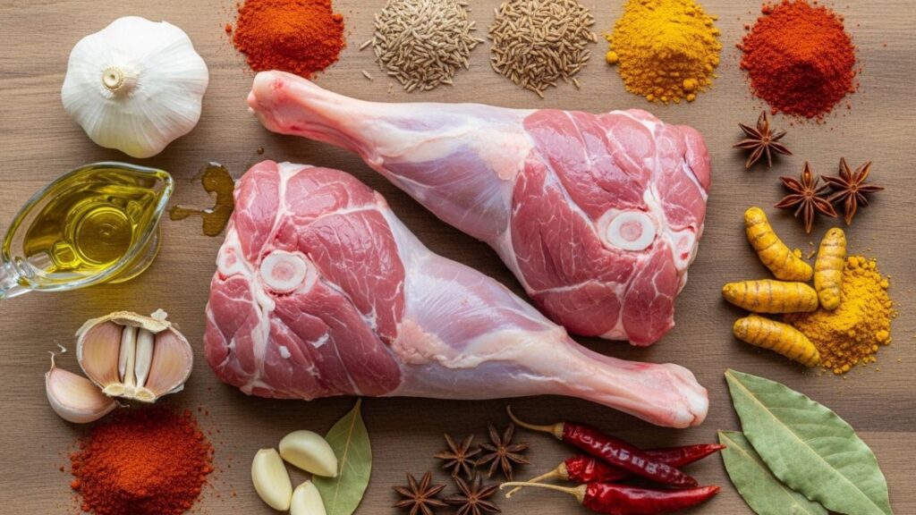 Raw ingredients for preparing goat legs including garlic, spices, and olive oil.