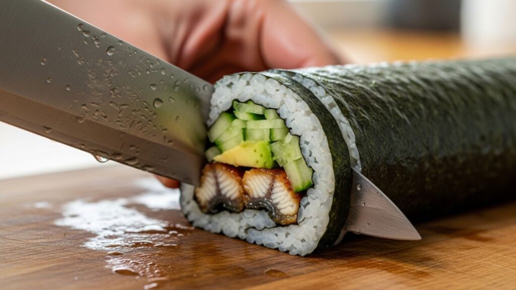 Slicing a homemade eel cucumber roll with a sharp knife to show the filling and rice layers.