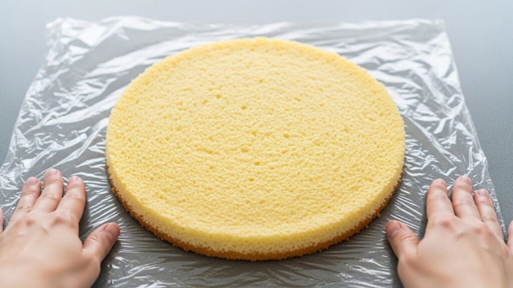 Step-by-step process of wrapping a round cake layer tightly in plastic cling wrap.