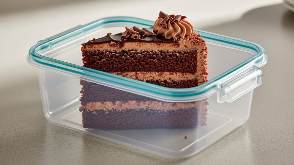 Storing individual cake slices in a clear airtight container for the freezer.