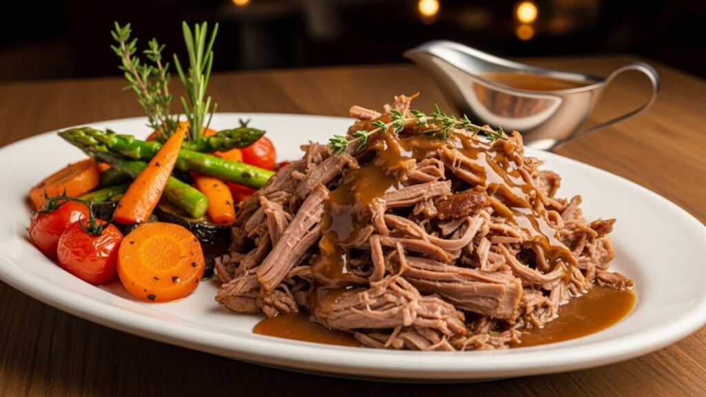 Succulent shredded meat from goat legs served with braised vegetables and gravy.