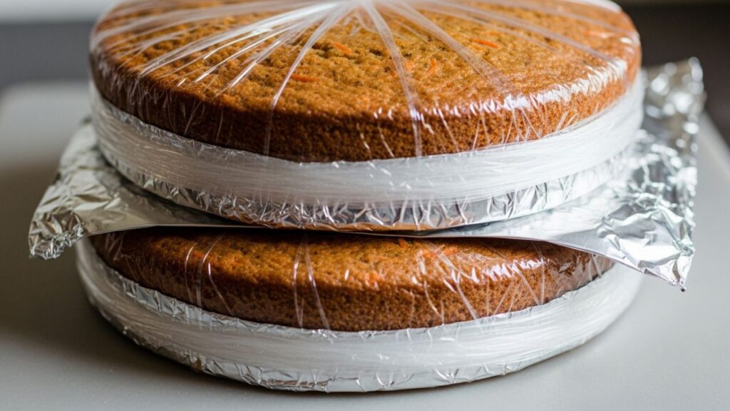 Two round carrot cake layers wrapped in clear plastic and silver foil for storage.