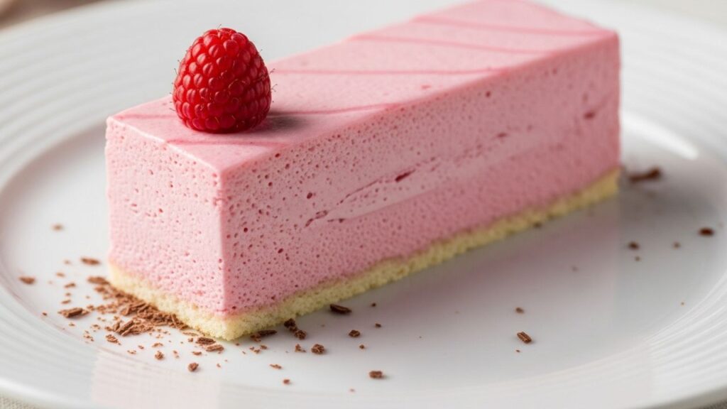 Close up of a creamy pink dessert slice showing its smooth, airy texture.