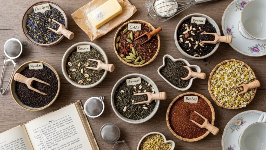 Different types of loose leaf tea used for baking and infusions.