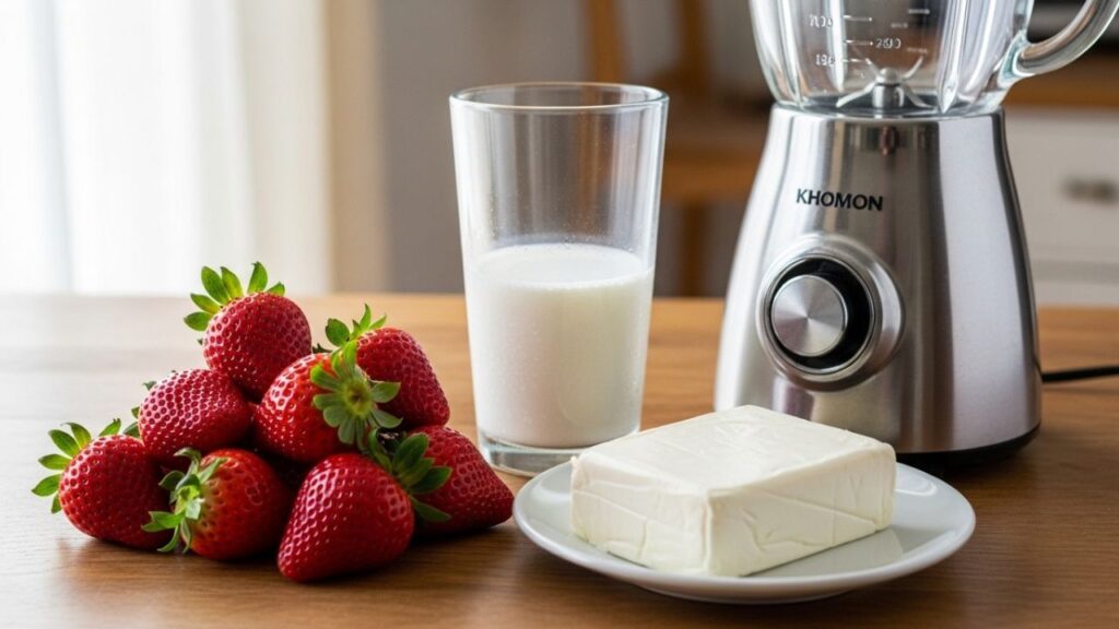 _Fresh strawberries, a block of cream cheese, and a glass of milk ready for blending.