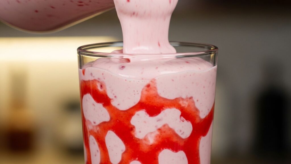High-speed blender mixing pink strawberries and cream into a smooth frappe.