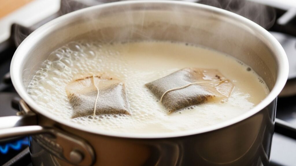 Infusing heavy cream with Earl Grey tea bags in a saucepan.